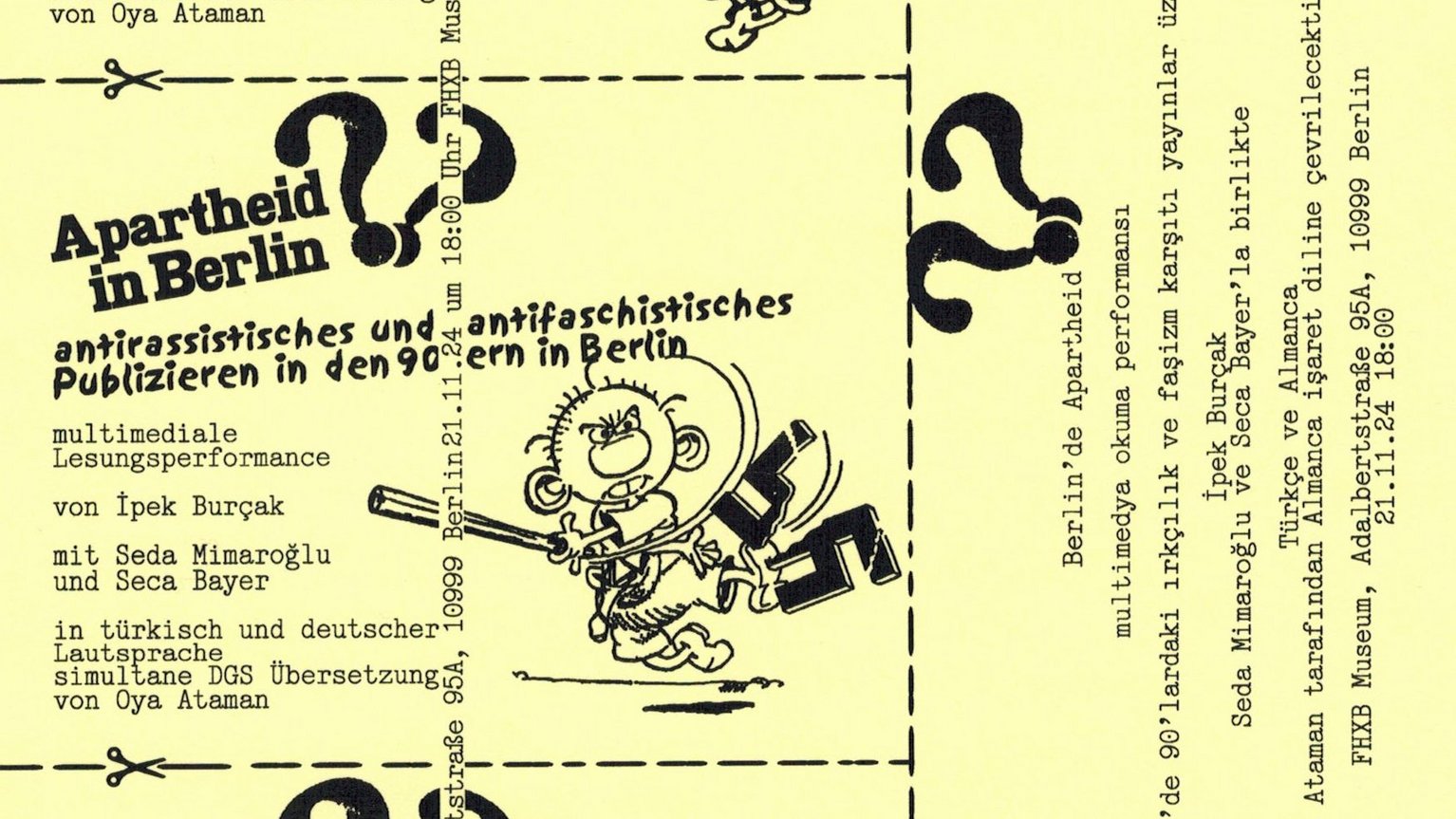 Flyer zur Veranstaltung "Apratheid in Berlin?" im FHXB Museum  